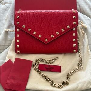 Red Valentino Pebbled
Calfskin Rockstud Envelope Wallet on
 Chain / Clutch